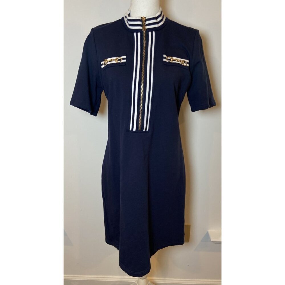 Boston Proper Dress Sheath Stretch Nautical Navy Blue White Gold Medium M